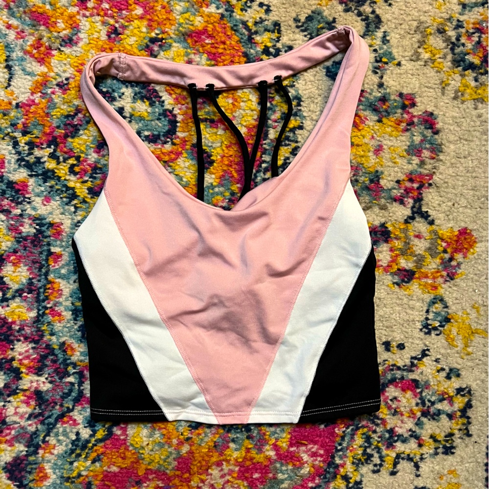 3/4 top PINK ~ black white and pink ~ small~ work out top